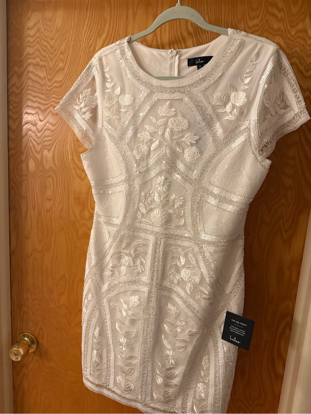 Lulu's White Embroidered Short Sleeve Sheath Dress. Bright White